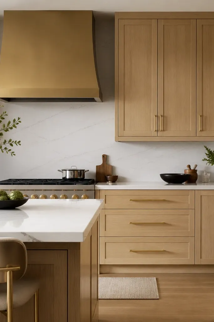 Kitchen with white oak cabinets and brushed gold bar pulls. A brass vent hood sits above the range. Cabinet doors are simple shaker with thin rails. Countertops are warm white quartz with soft gray veining.