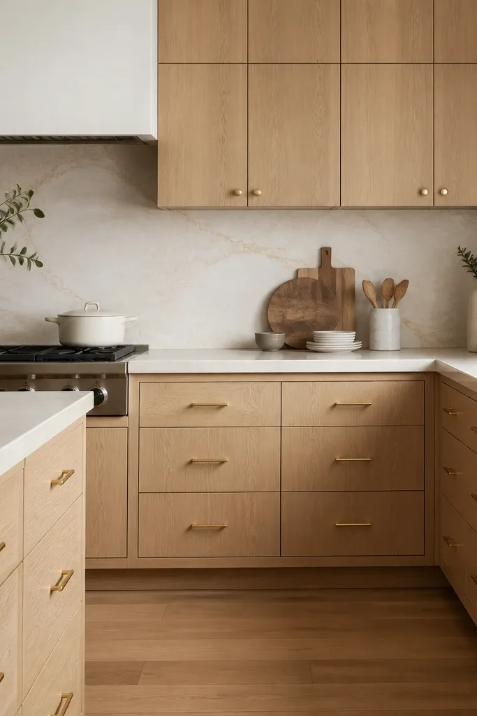 Kitchen with white oak cabinets. All door faces have small gold knobs centered. All drawers have gold bar pulls centered horizontally. The rest of the kitchen has minimal metal accents and warm lighting.