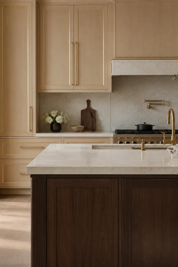 Kitchen with white oak cabinets and a subtle gold trim line along the cabinet door edges. Long satin gold pulls align with the trim. The backsplash is light stone and the island has a dark walnut-stained base panel.