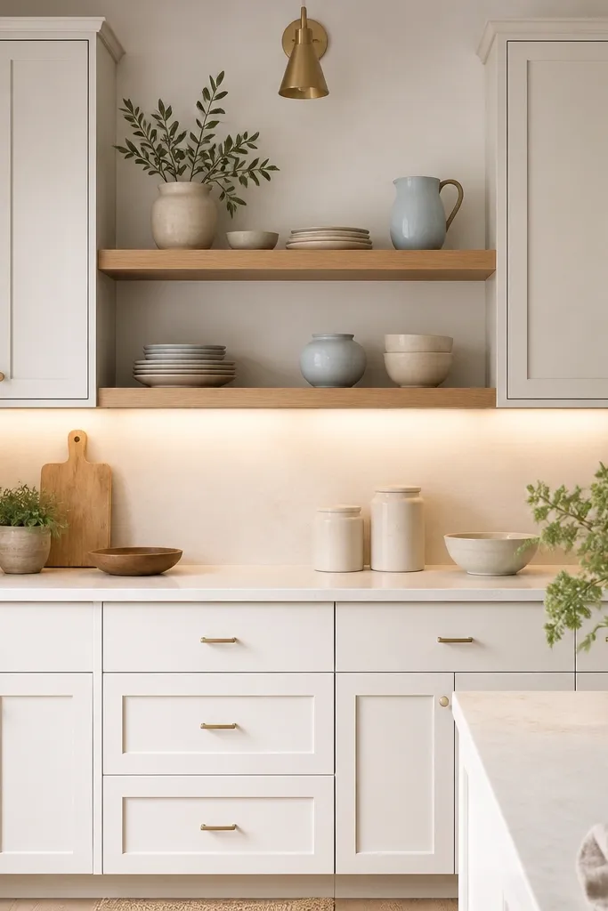 Kitchen with white oak open shelves between closed cabinets. The closed cabinets use gold pin pulls on drawer faces and small gold knobs on doors. Shelves hold stoneware in cream and pale blue. Lighting includes a warm under-cabinet strip.