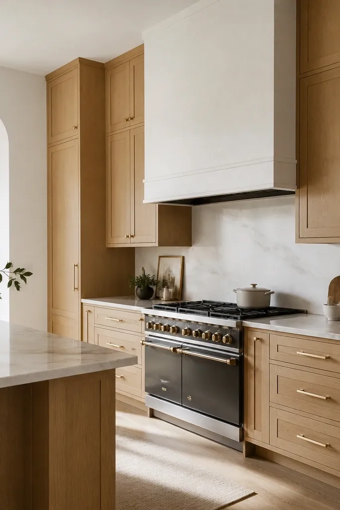 Kitchen with full-height white oak cabinets from floor to ceiling. Hardware is satin gold - long pulls on drawers and knobs on doors. A hood wrap above the range is a light white fabric or linen-look material with simple trim. Walls are warm white.