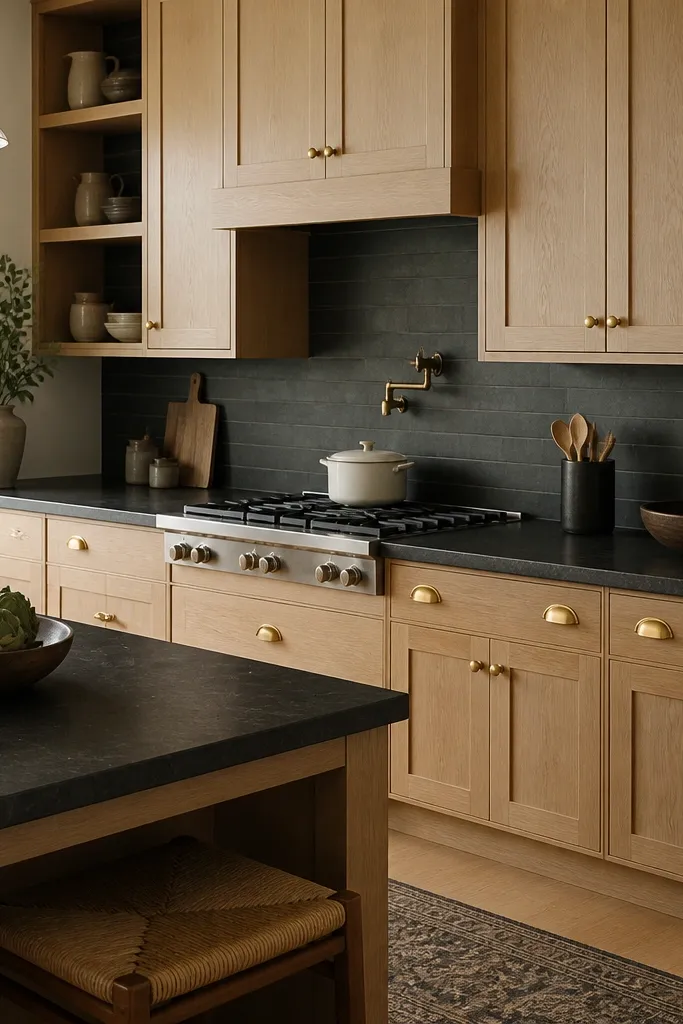 Kitchen with white oak cabinets and dark quartz countertops. Drawer pulls are gold cup pulls placed near corners rather than centered. Cabinet doors are shaker with gold knobs centered. The backsplash is charcoal or dark gray tile.