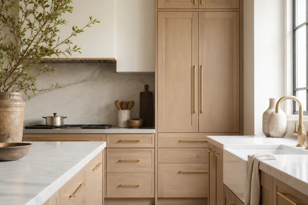 High-end look white oak kitchen cabinets with gold hardware