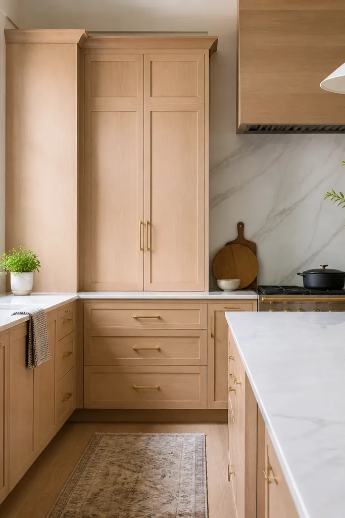 High-end look white oak kitchen cabinets with gold hardware