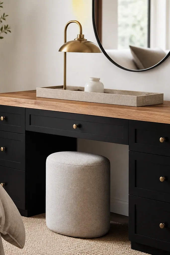 Bedroom vanity setup: matte black cabinet base with a floating warm oak butcher block countertop. A cream linen tray sits on top with a small brass lamp and a single white ceramic jar. Background shows a light off-white wall and a beige rug.