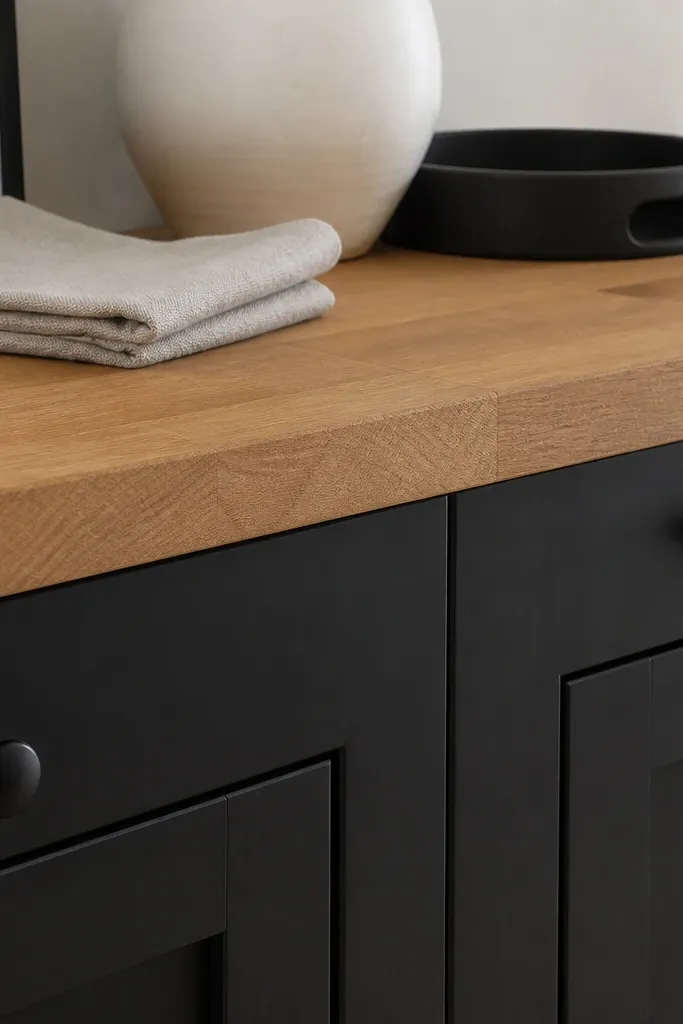Close view of black shaker cabinet doors with a thick butcher block countertop. The countertop edge has a clean square profile with slight bevel. On top: folded oatmeal linen, a white vase, and a black tray.