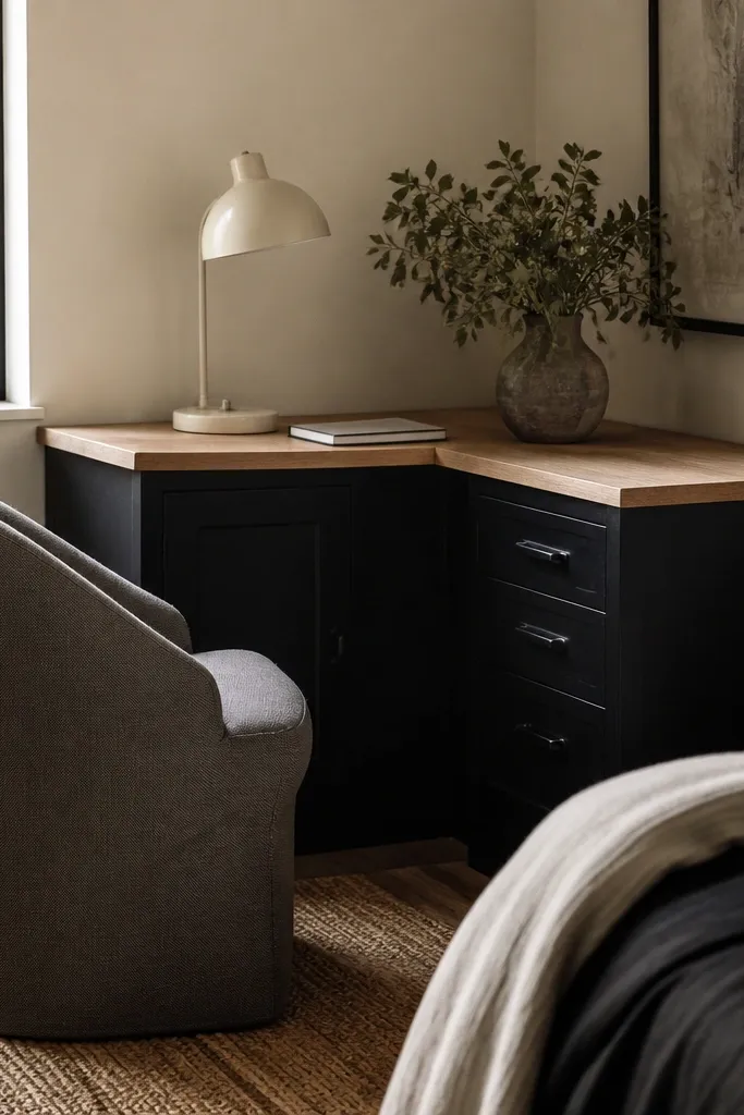 Corner desk area in a bedroom: black cabinet base with a toasted butcher block desktop. A slouchy chair in warm gray sits beside a woven jute rug. Desk accessories are simple: a cream desk lamp and a slim notebook.