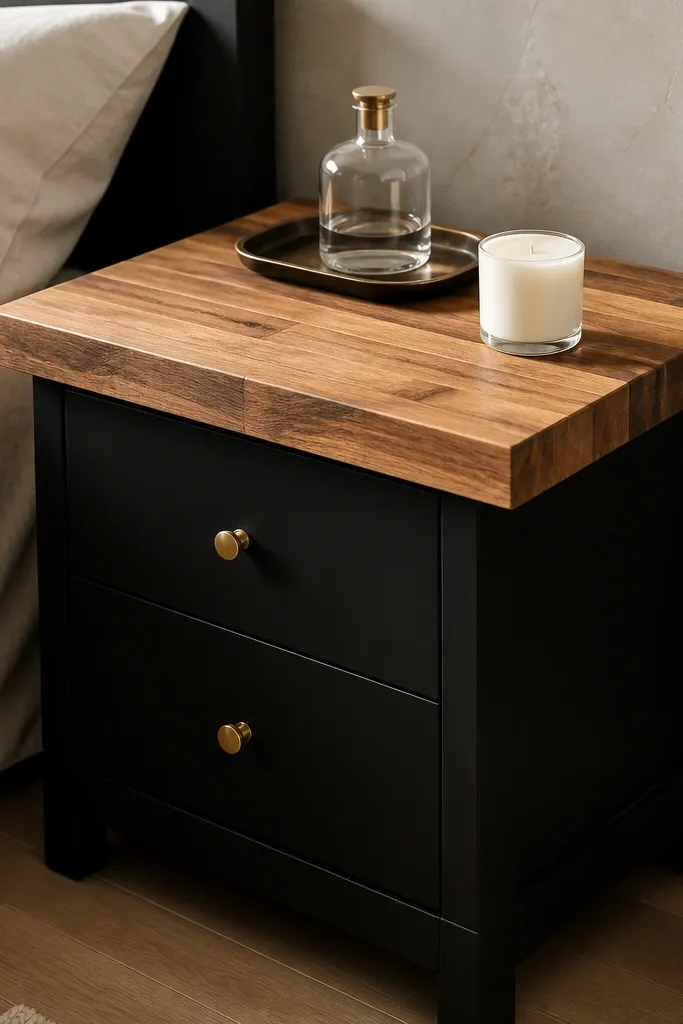 Bedroom nightstand: black cabinet body with a butcher block top showing a dramatic waterfall edge. The top overhangs slightly on both sides. A small tray holds a clear glass bottle, and a white candle sits near the front edge.