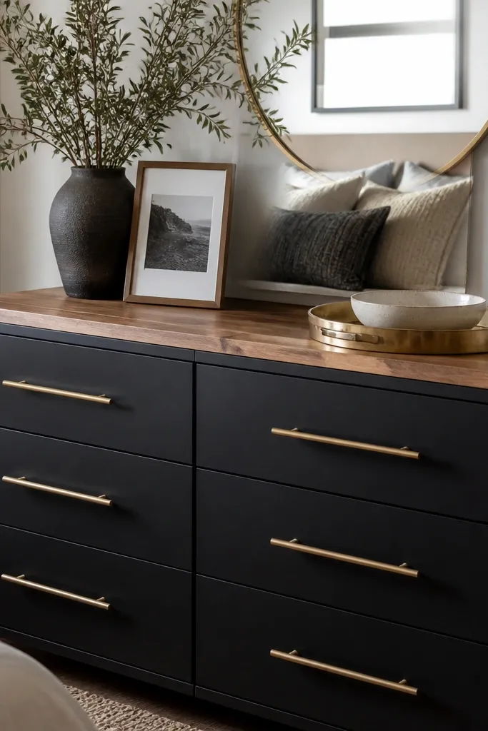 Dresser in a bedroom: matte black drawers with long brass bar pulls. A butcher block countertop sits on top with visible grain and a satin finish. Styling includes a round brass tray, a ceramic bowl, and a framed photo leaning against a vase.
