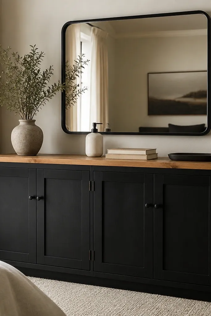 Bedroom wall vignette: black cabinet with butcher block countertop. A large black-framed mirror hangs above. On the counter: a cream soap dispenser, a small stack of books, and a black tray. A cream rug is visible below.