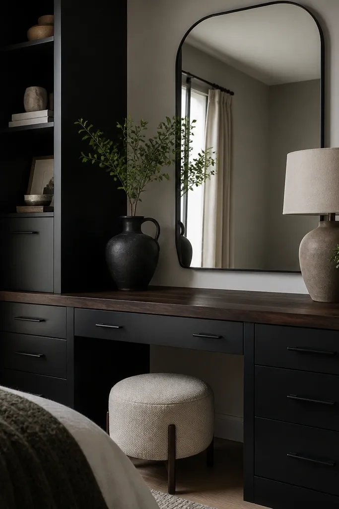 Bedroom vanity corner: black cabinets with a butcher block stained deep walnut-brown. The countertop looks darker than the cabinet. Styling includes a dark ceramic vase, a beige lamp, and a small plant in a matte pot.