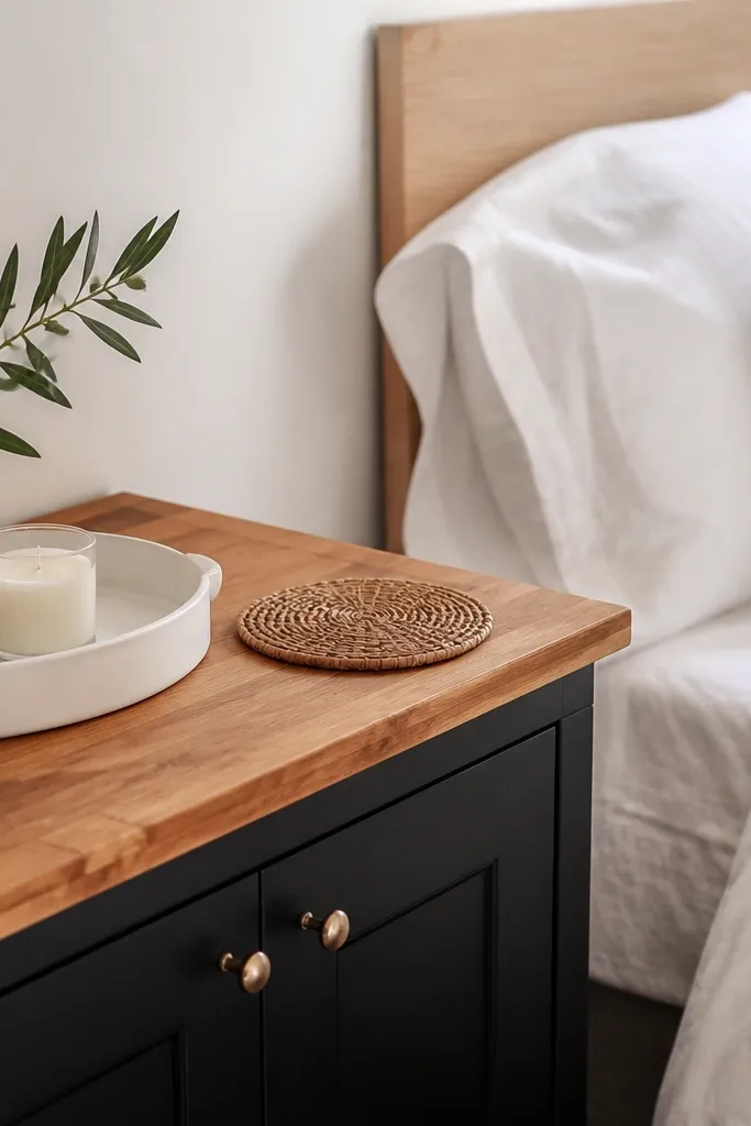 Bedroom corner: black cabinet with honey-toned butcher block countertop. Bright white linen bedding and a pale wood headboard are visible in the background. On the counter: a white ceramic tray, a small candle, and a woven coaster.
