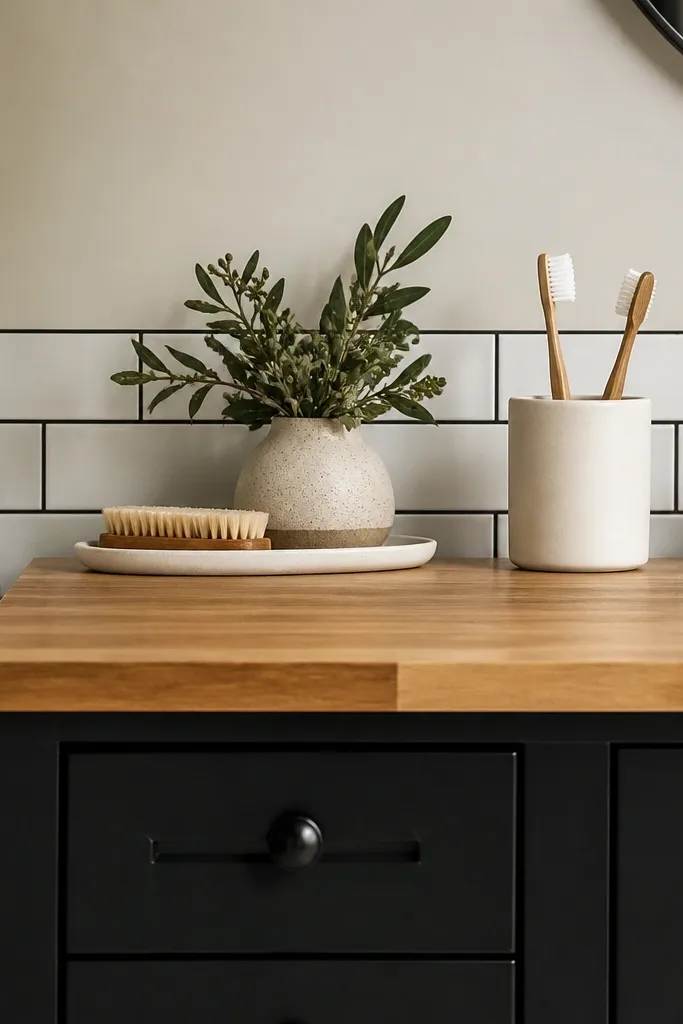 Wall behind a bedroom cabinet: a narrow strip of white subway tile with black grout. The cabinet is black and the countertop is butcher block with a satin finish. The top has a small tray and a toothbrush holder.