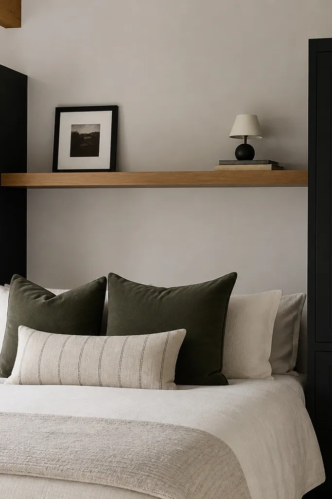 Bed wall: black built-ins on either side and a butcher block shelf spanning between them above the bed. The shelf has a clean front edge and is finished satin. A few items sit on top: a black picture frame, a small lamp, and a stack of books.