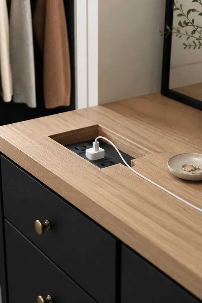 Dressing area: black cabinet with butcher block countertop. A recessed charging station sits in the wood with a neat cable outlet. On top: a small dish for rings and a compact mirror.
