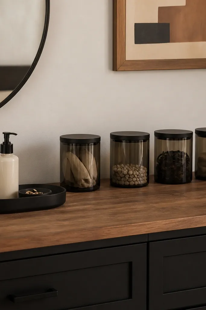 Bedroom counter scene: black cabinets with butcher block countertop. A set of smoked glass canisters with black lids sits in a straight line. A small matte black tray holds a lotion bottle and a ring dish.