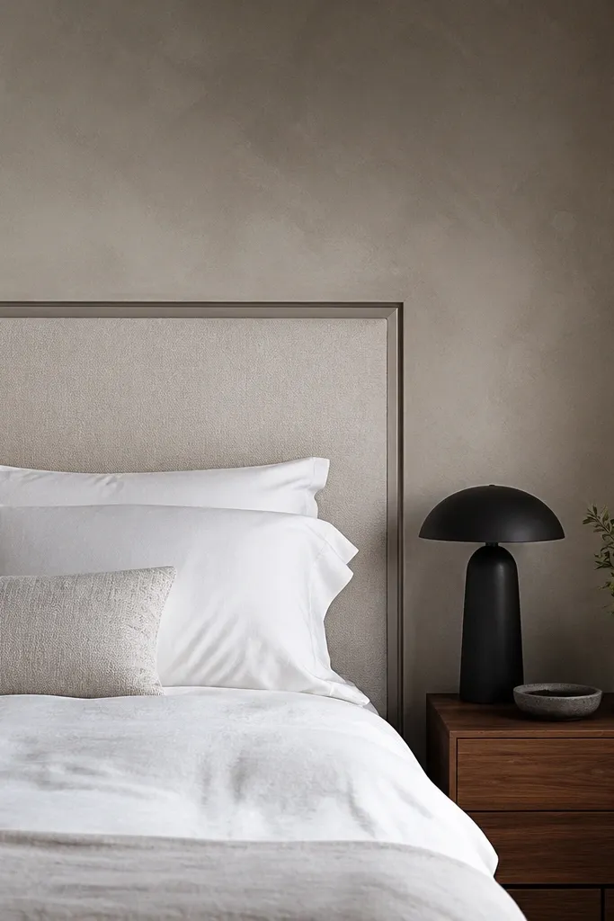 Warm greige matte wall behind a bed with a clean rectangular outline