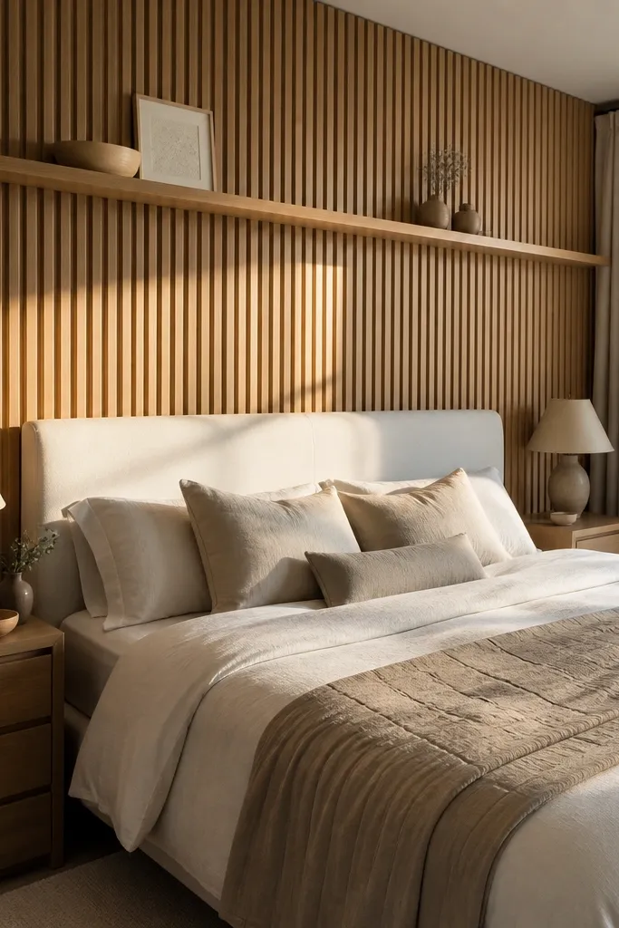 Light oak vertical slats behind a bed with a shallow ledge line