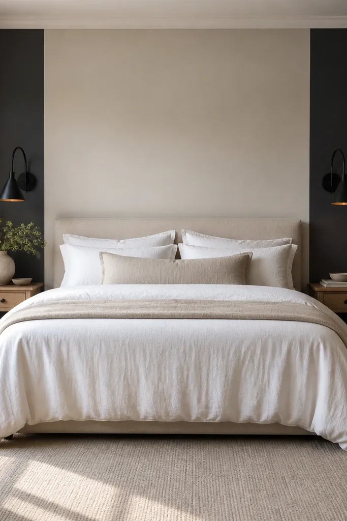 Charcoal accent wall with a lighter vertical panel centered behind the bed