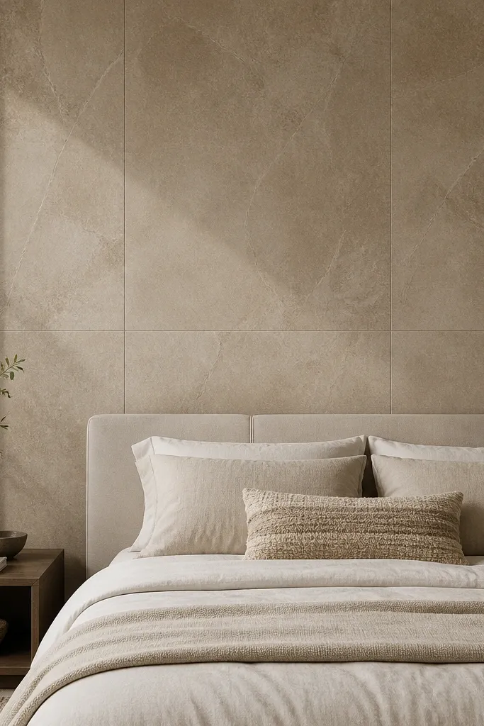 Stone-look tile grid behind a bed with clean straight grout lines