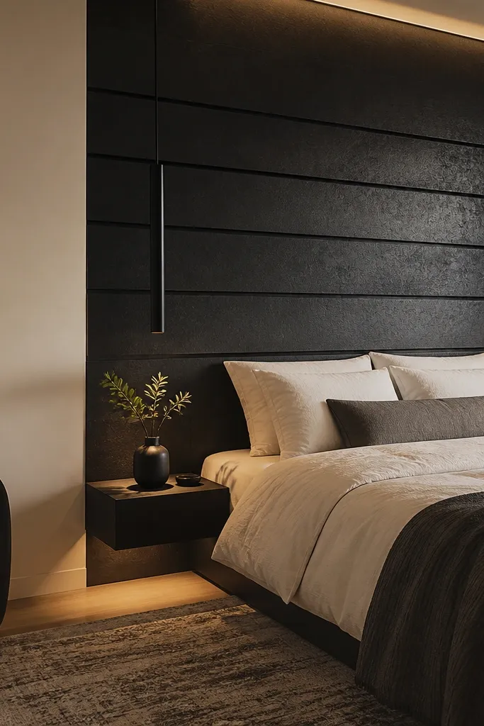 Matte black accent panel behind a bed with soft surrounding wall paint