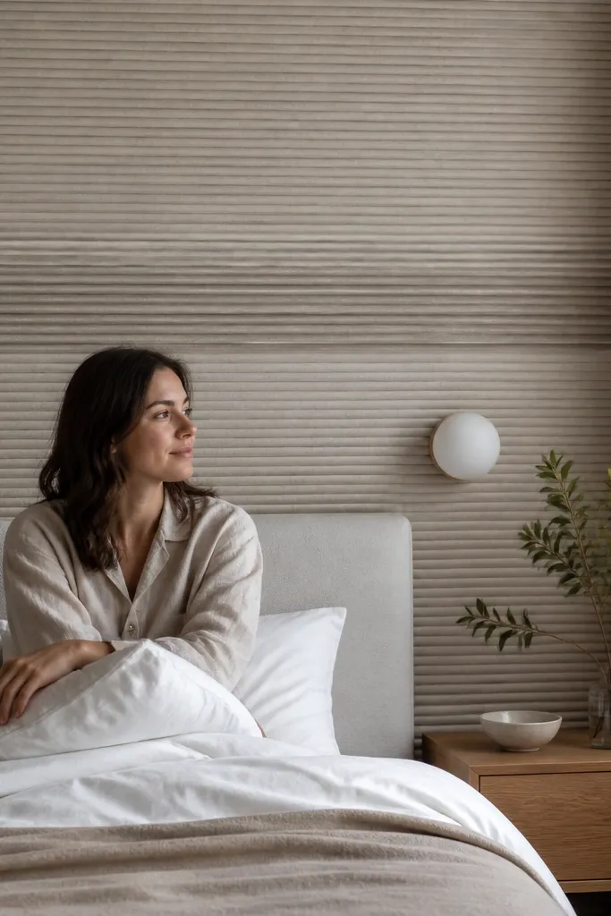 Ribbed plaster wall with subtle horizontal lines behind the bed