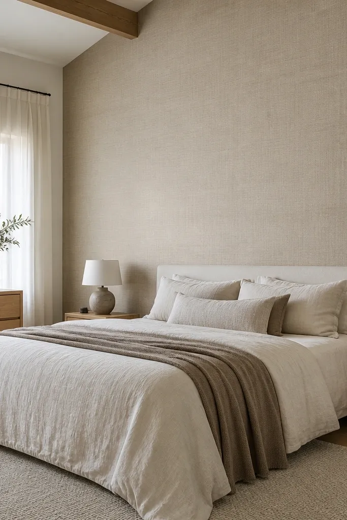Sand linen-look wallpaper wall behind a bed with soft texture