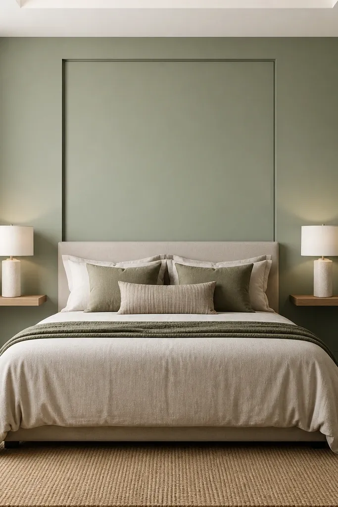 Sage monochrome wall with a narrow inset frame behind the bed