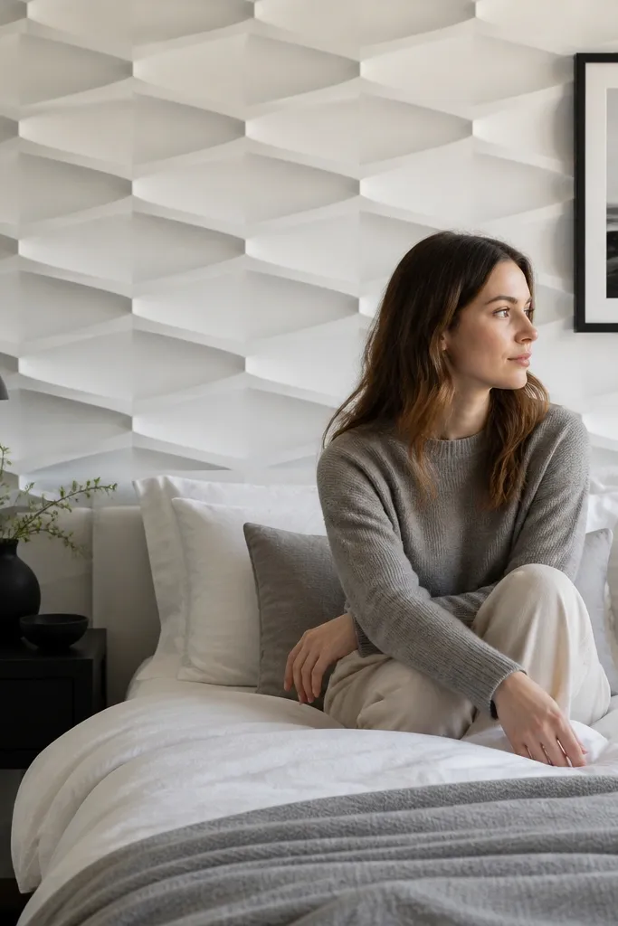 Matte off-white 3D geometric panels behind a bed with black decor accents