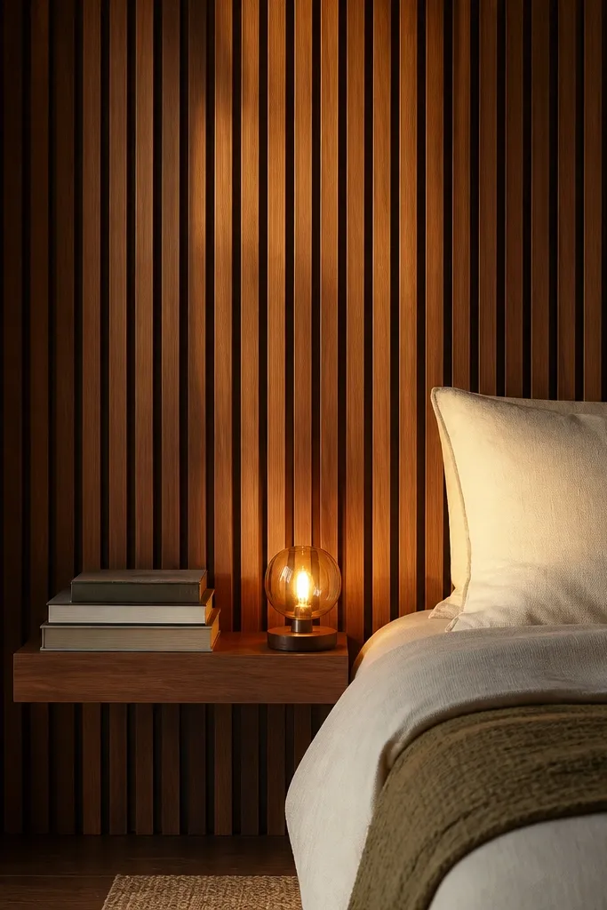 Walnut vertical slats behind a bed with a slim ledge above pillows
