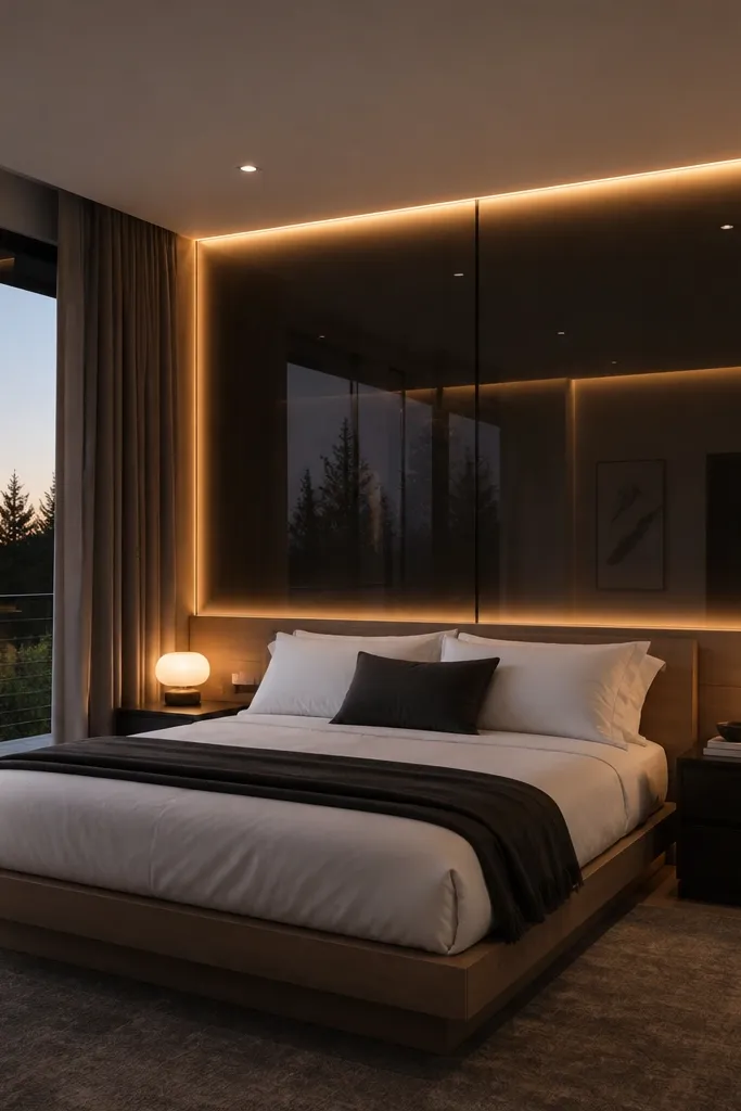 Smoked dark accent panel behind bed with warm LED glow at edges