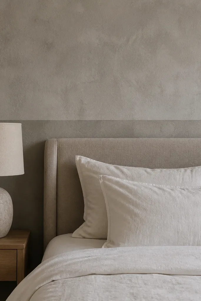 Cement-look wall in gray with one lighter band behind bed