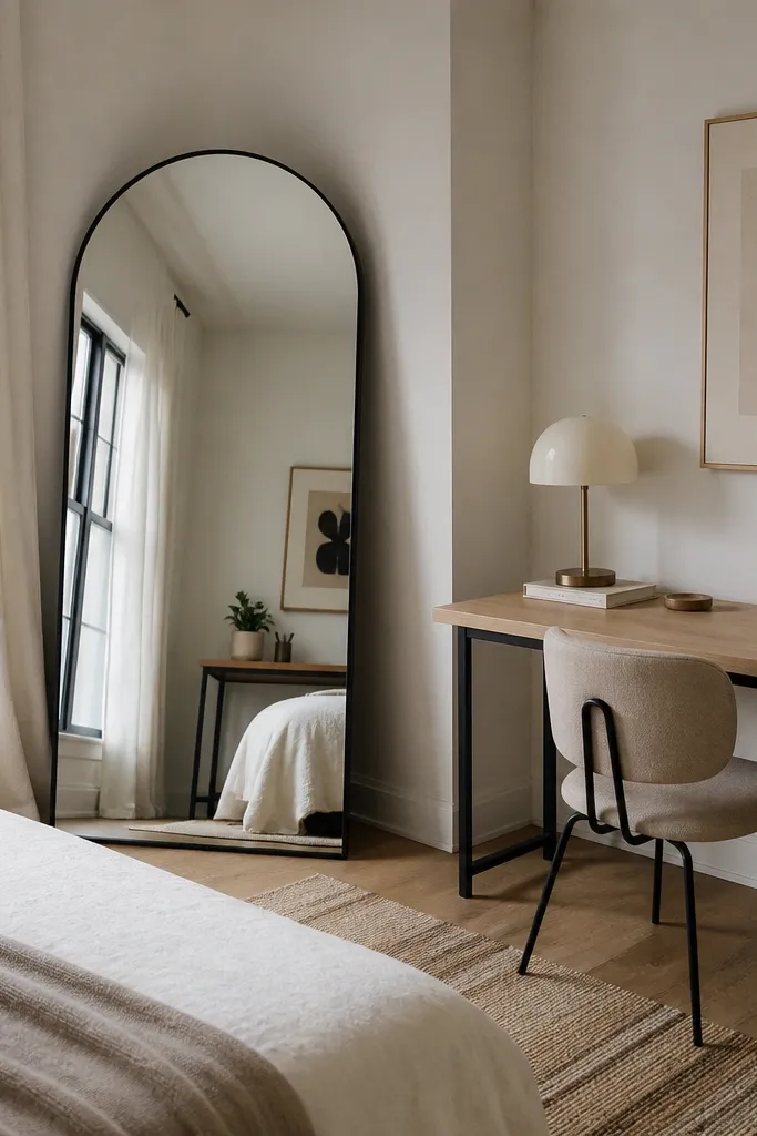 A tall mirror angled near the corner with a desk along the opposite wall