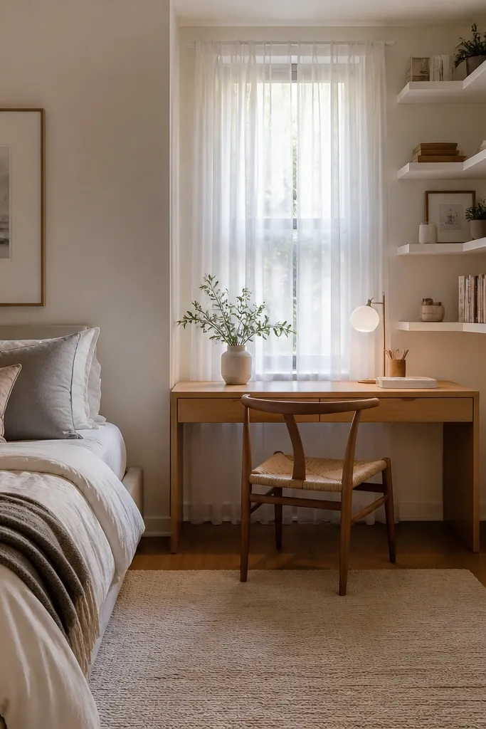 Desk centered under a window area with stacked shelves above it and a tidy chair