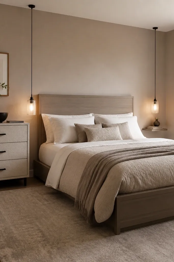 Bed with a dresser on one side and a clear open side with a small rug