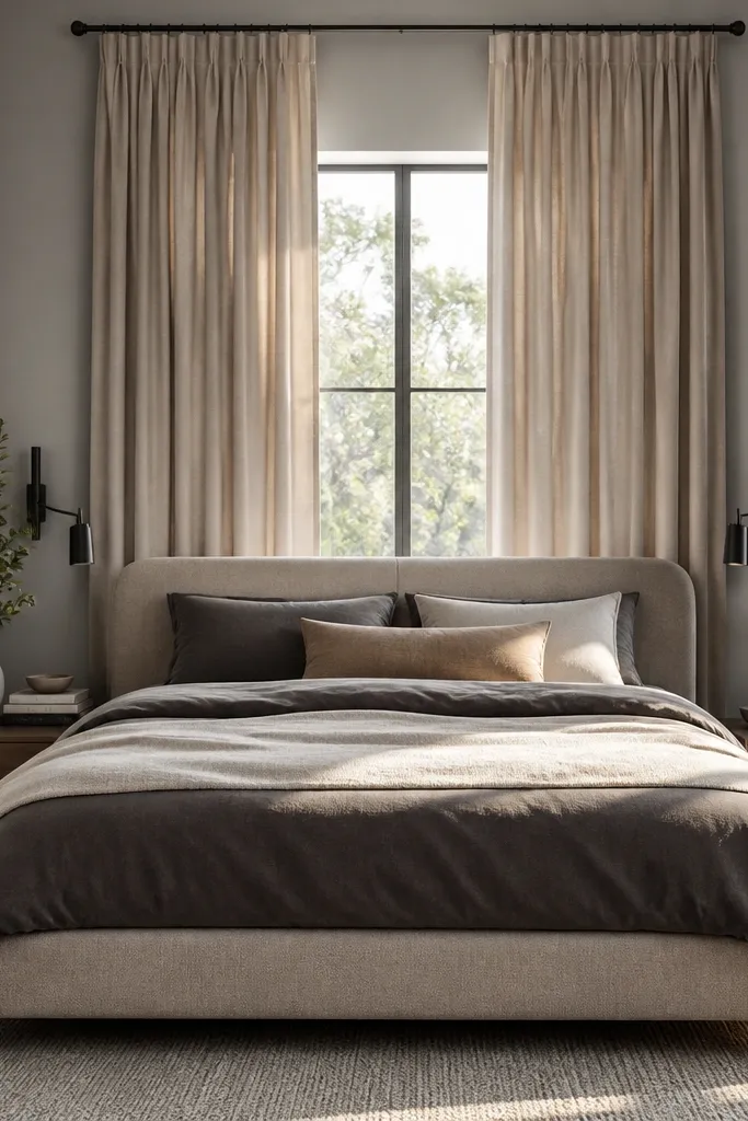 Two-tone bedding with tall curtains and a modern bed frame