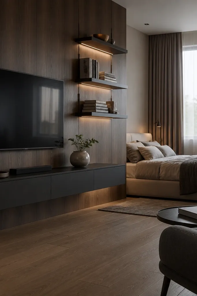 TV on a console against a wall with wall shelves above and a compact bed layout