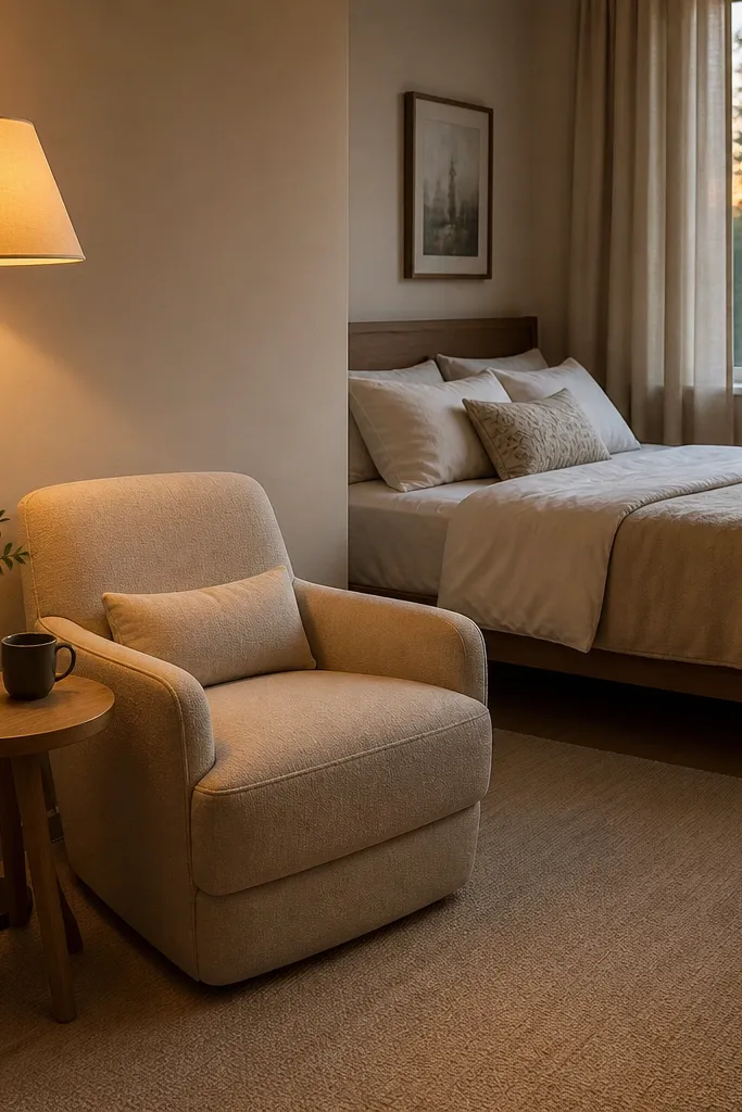 A small lounge chair corner setup with the bed positioned behind it on a compact wall