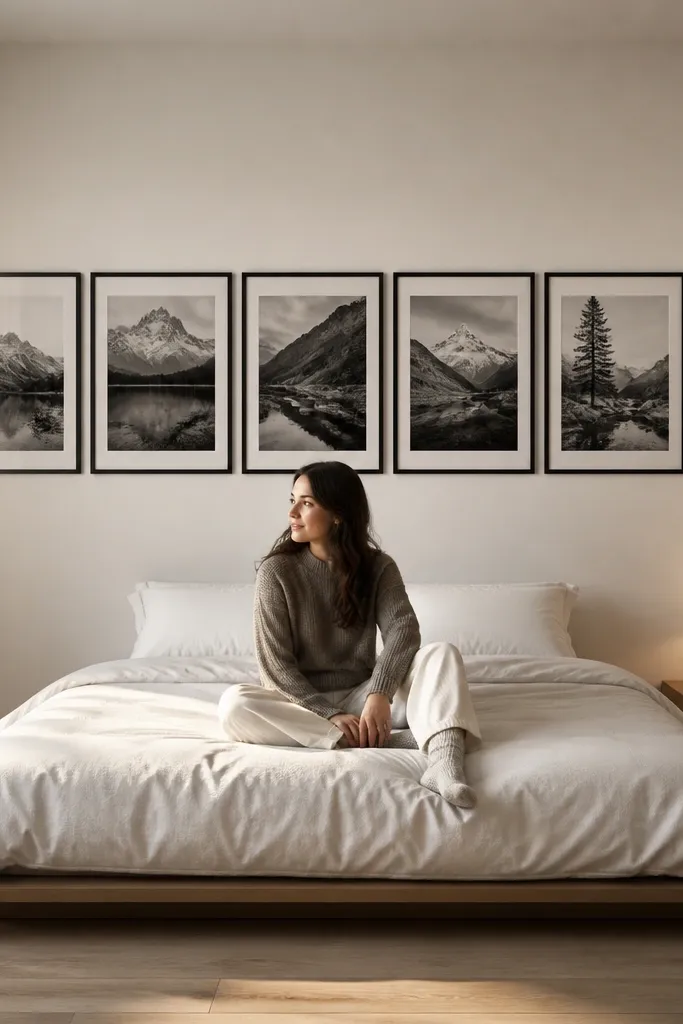 Simple bed with an oversized gallery strip of framed art above and a clean floor