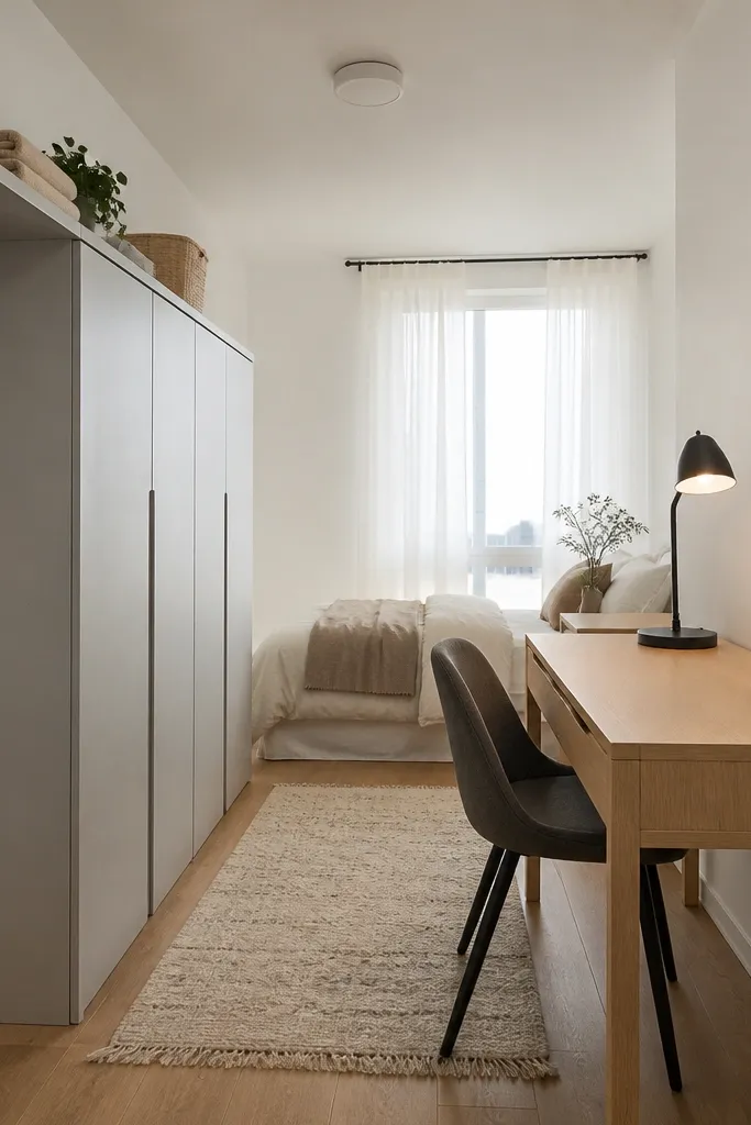 A narrow wardrobe along one wall with a single shelf above and a tidy desk nearby