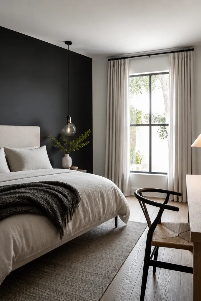 Dark accent wall behind the bed with a light wood desk on the opposite side