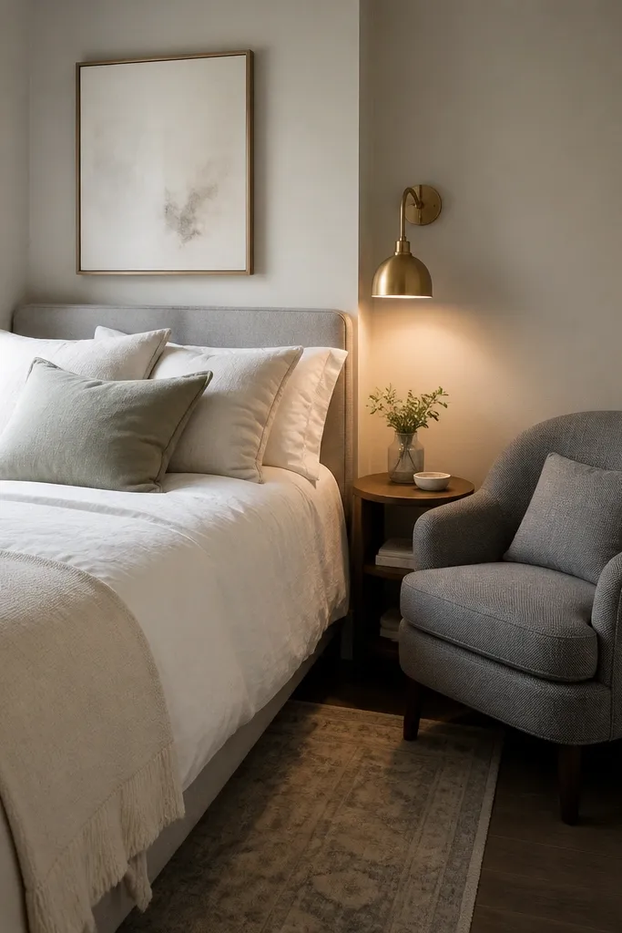 Bed positioned by a corner with a wall sconce and a small reading chair
