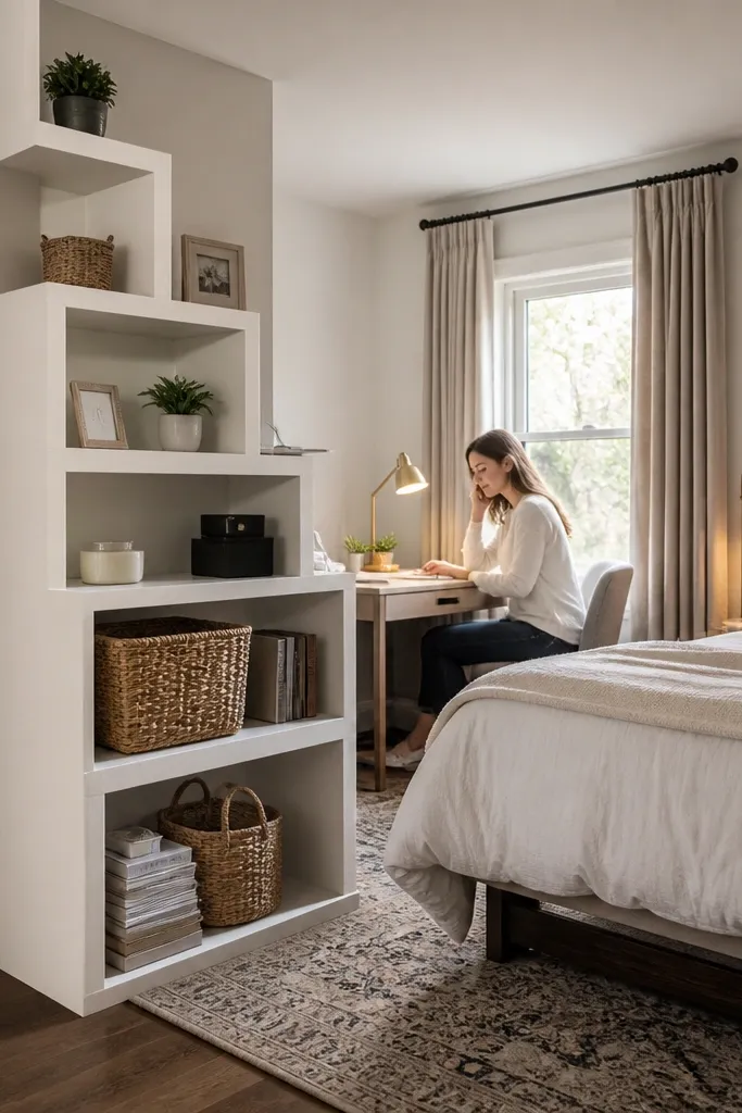 Open shelves stacked like steps beside a bed with a clean desk line