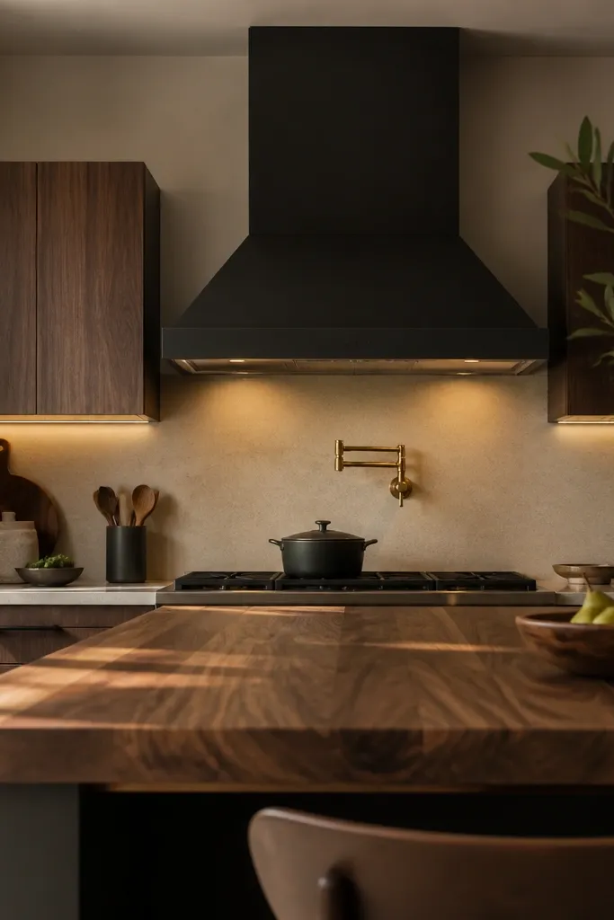 Matte black range hood over a stove with warm wood bar counter and two stools