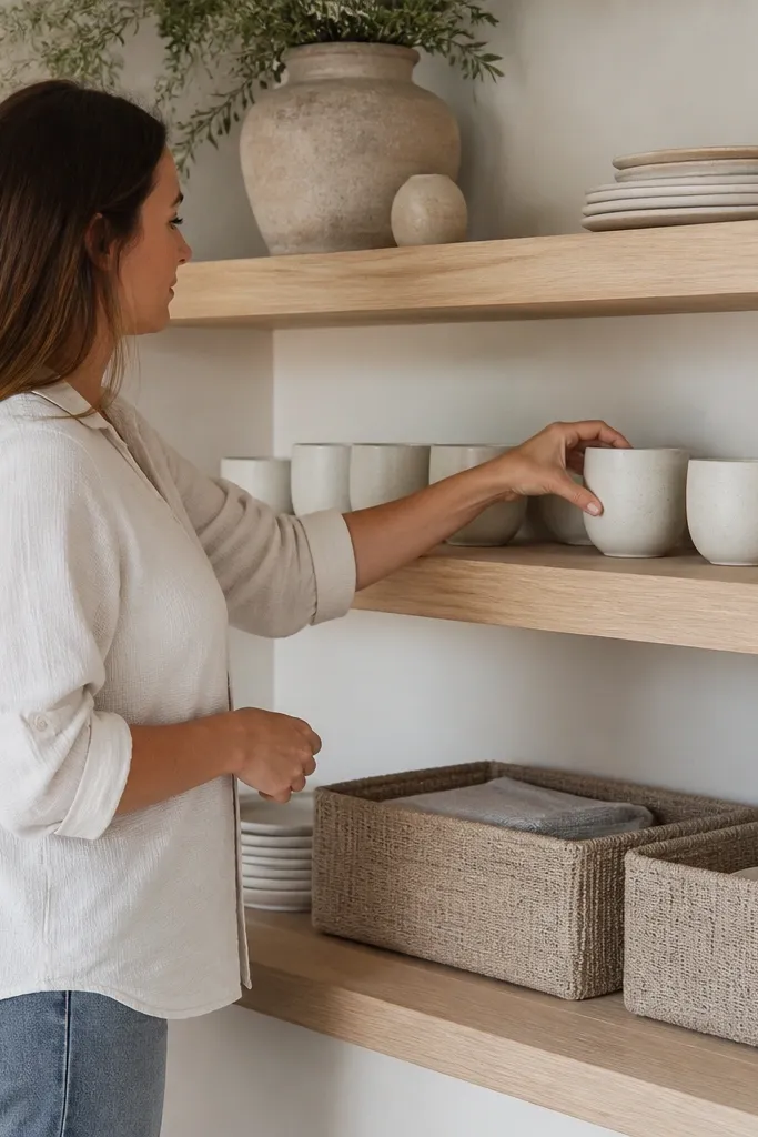 Open shelves with beige linen baskets and matching white cups above the counter