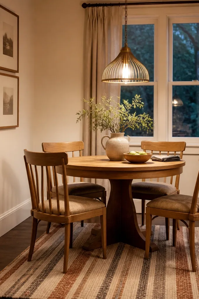 Wood dining table under a pendant lamp with a striped rug runner