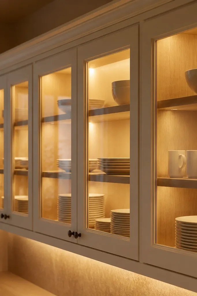 Glass-front cabinets with neatly stacked plates and warm lighting glow underneath
