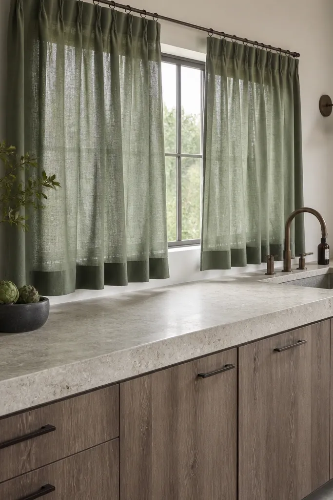 Stone-effect counters with sage green curtains beside a kitchen window