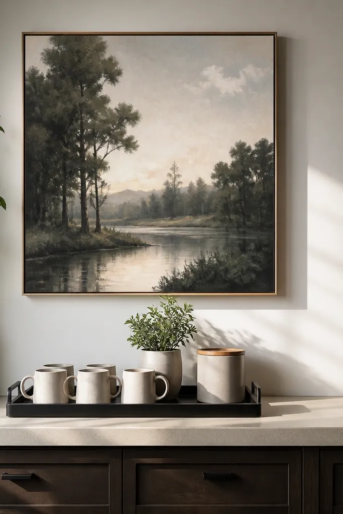 Wall art above a coffee station with neatly arranged mugs and a small plant