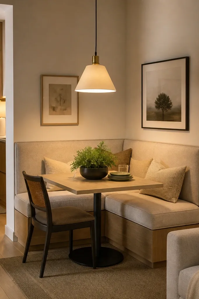 Corner breakfast nook with bench seating, small table, and warm lamp light